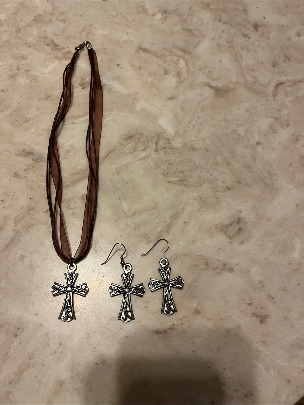 Silver Cross Pendant Necklace & Earring Set on Brown Cord and Ribbon